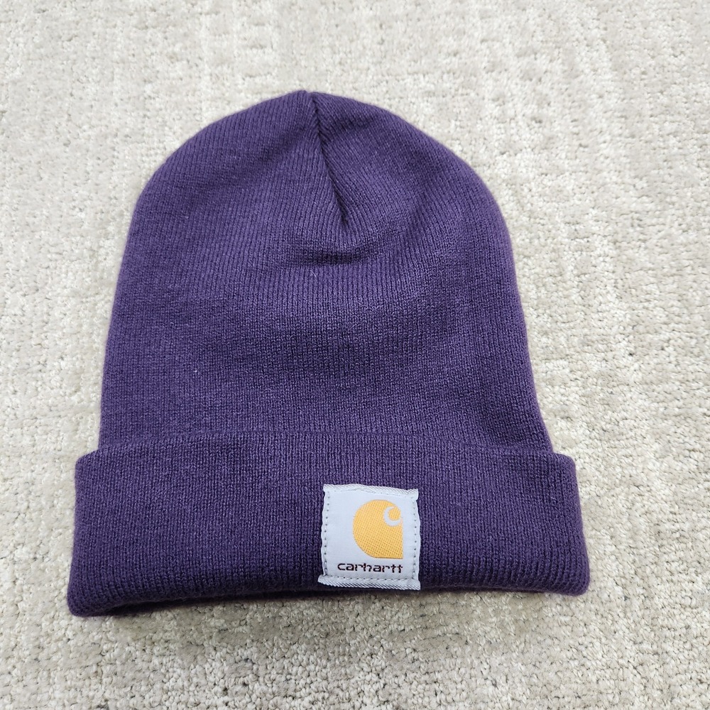Vintage Carhartt Beanie Adult F10 Purple USA Made Workwear Cap Hat Knit Ribbed